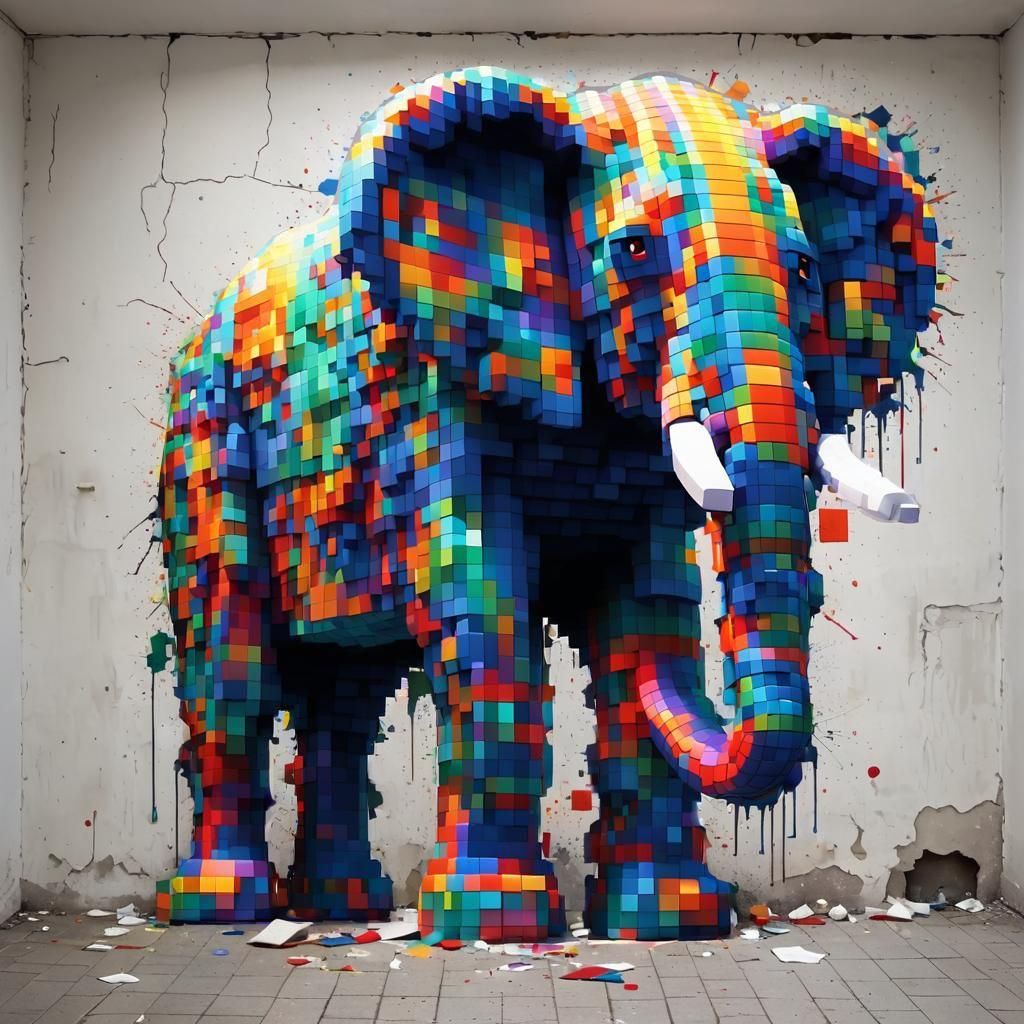 Pixel Graffiti on Weathered White Wall