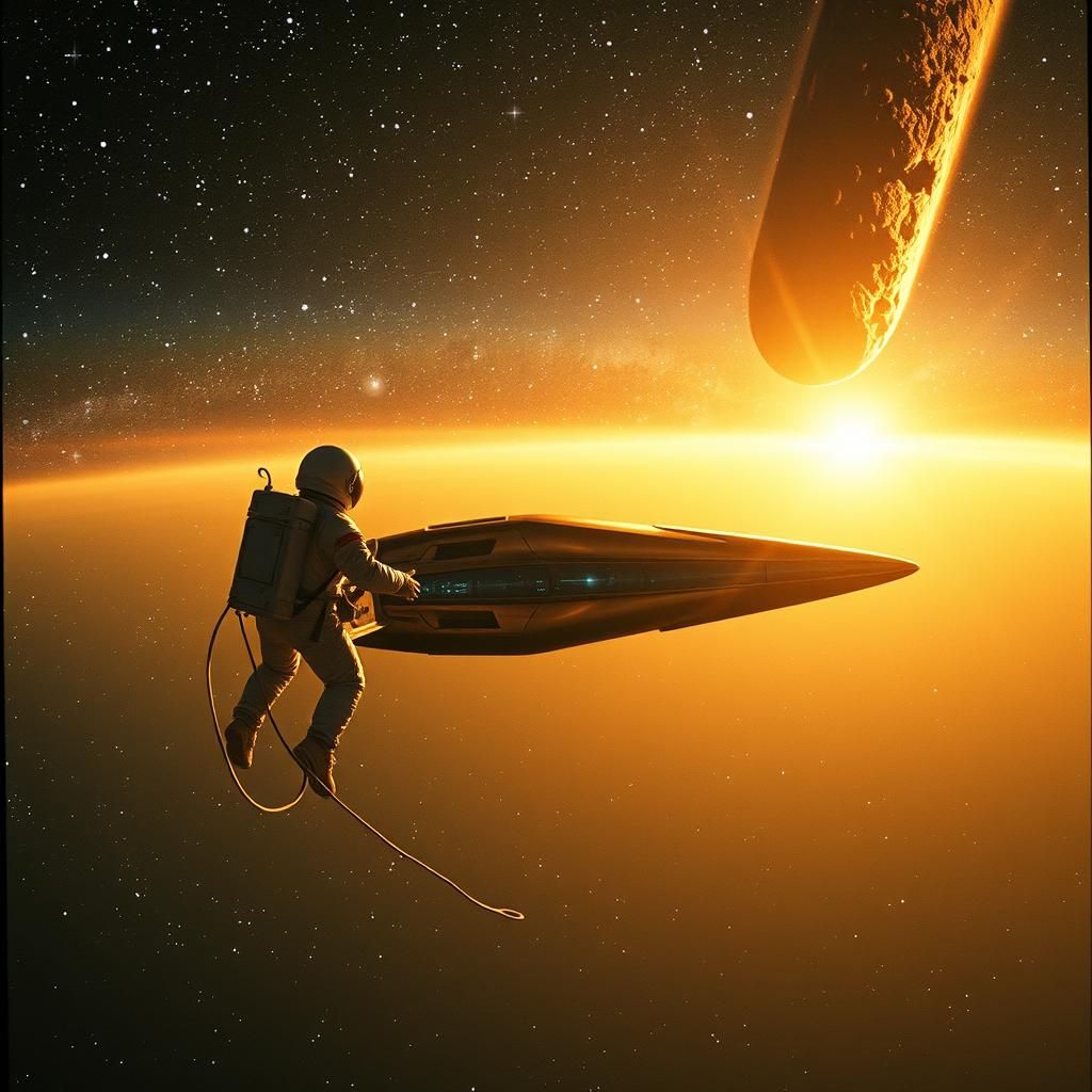 Astronaut and Spaceship Approaching Meteor in Deep Space