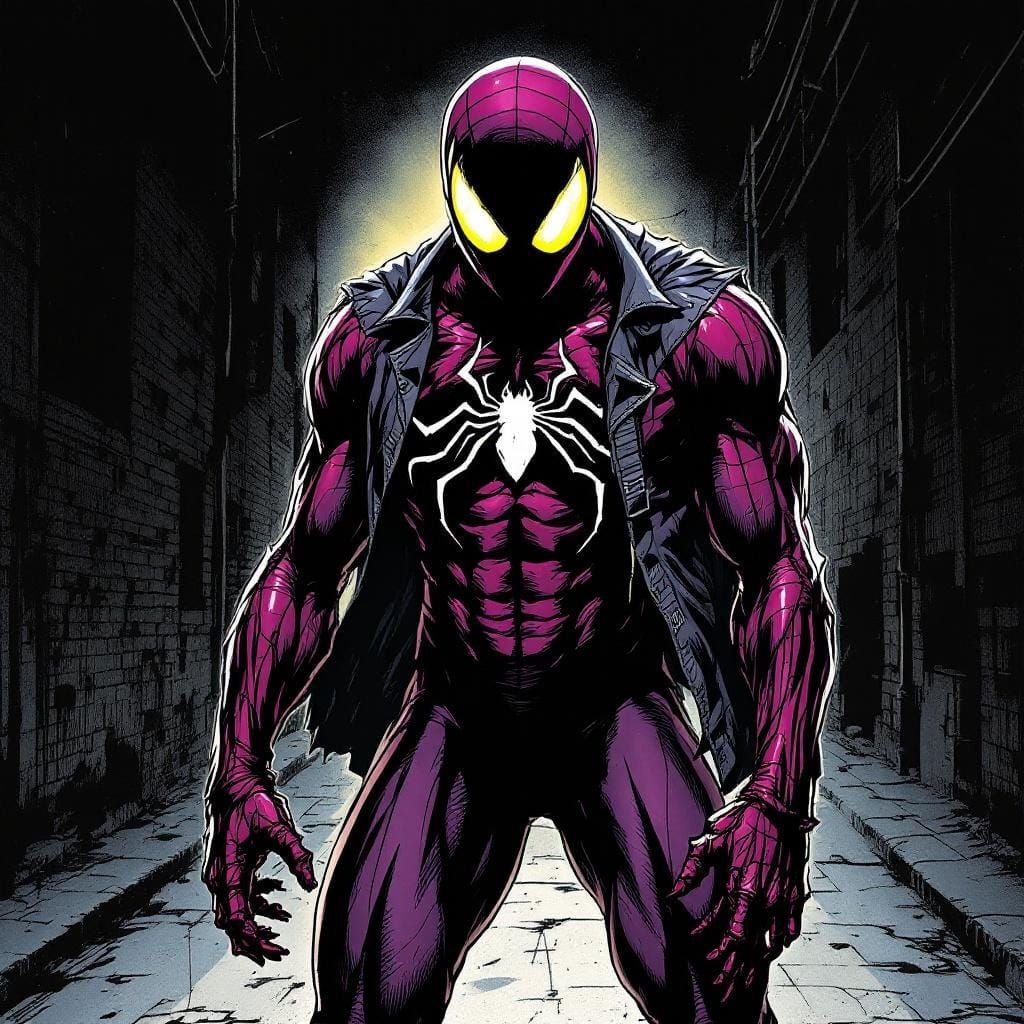 Sinister Spider-Themed Villain in Dark Alley, Ink Drawing