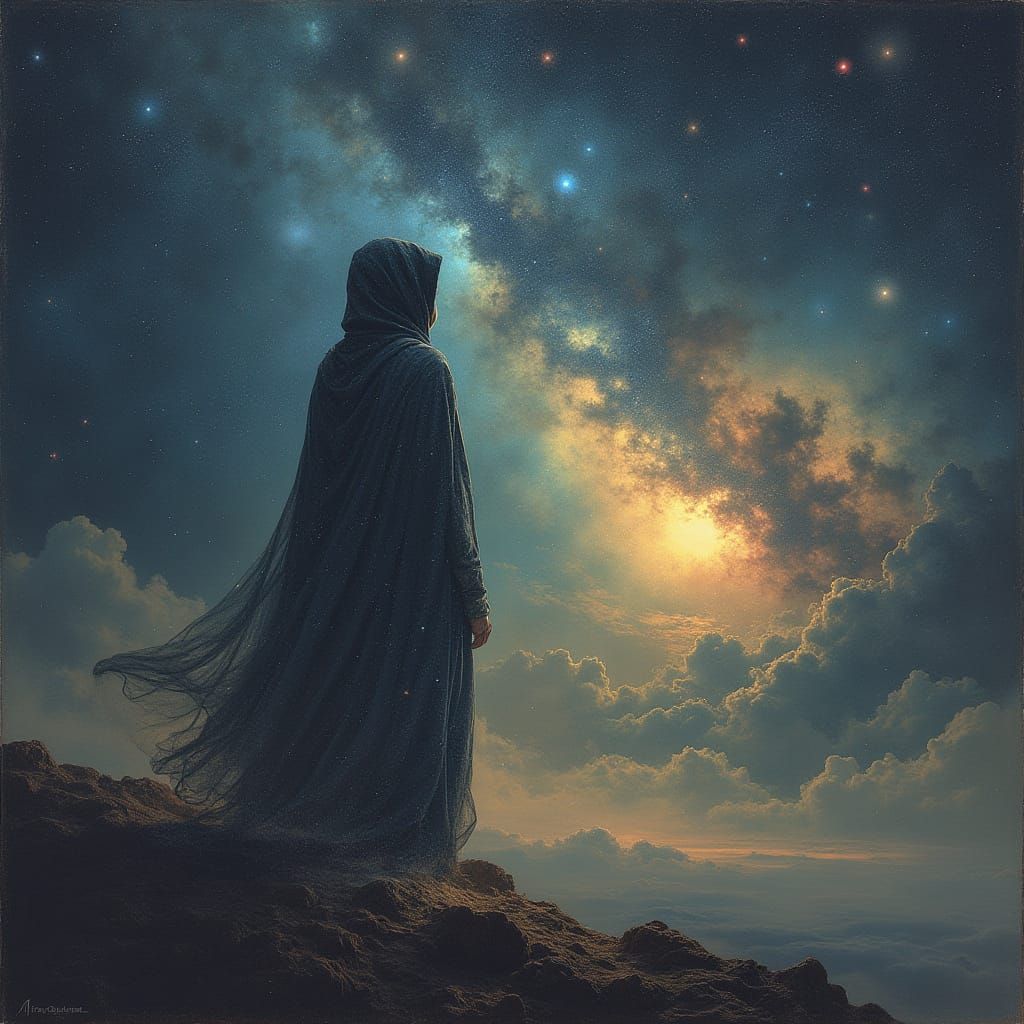 Ethereal Cosmic Form Silhouetted Against Starry Sky in Surre...