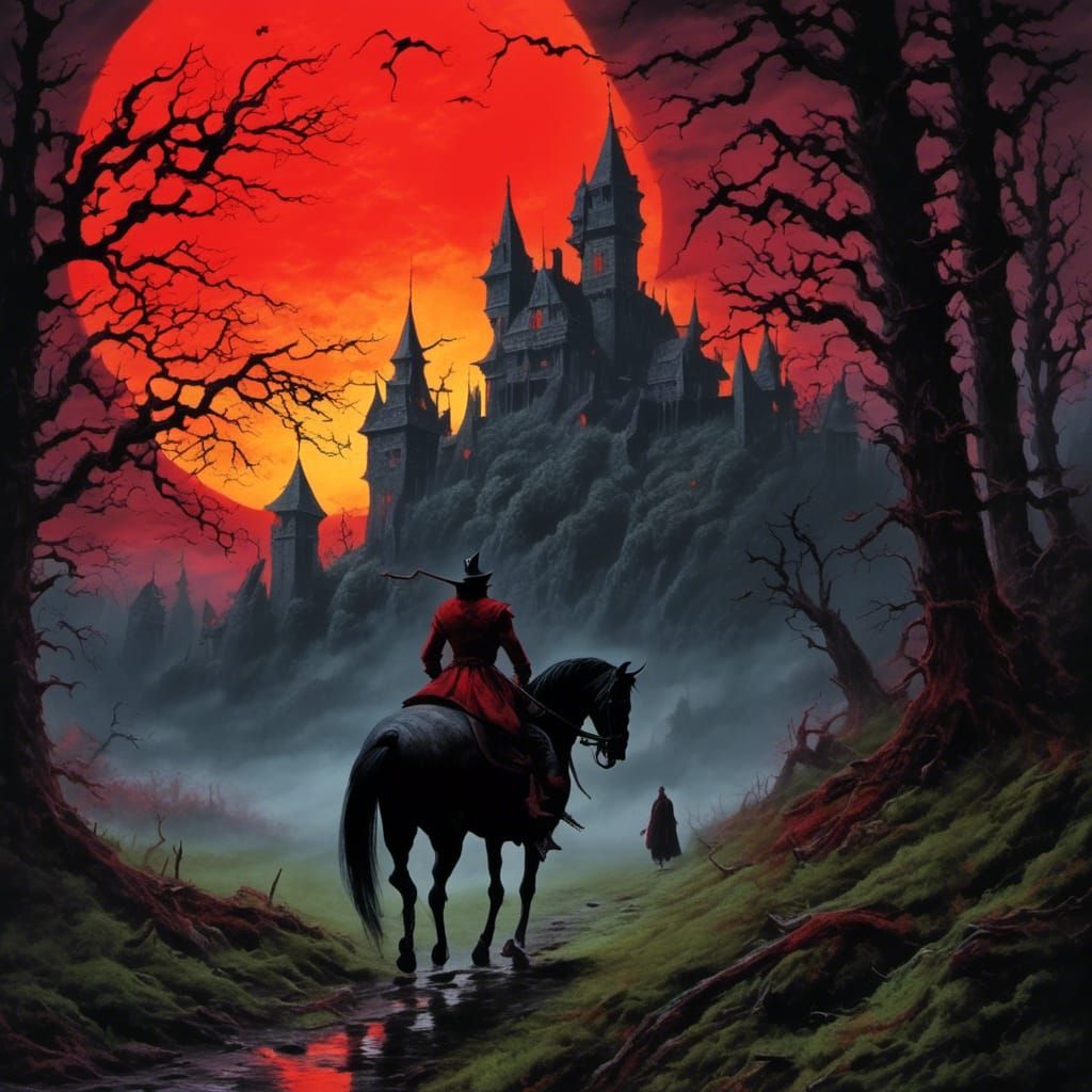 Haunted Castle with Headless Horseman in Dark Forest
