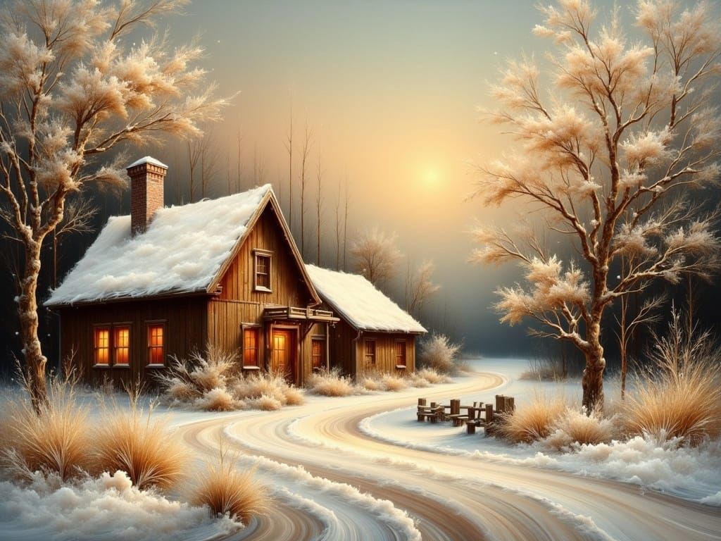 Whimsical Christmas Farmhouse in Oil Paint Style