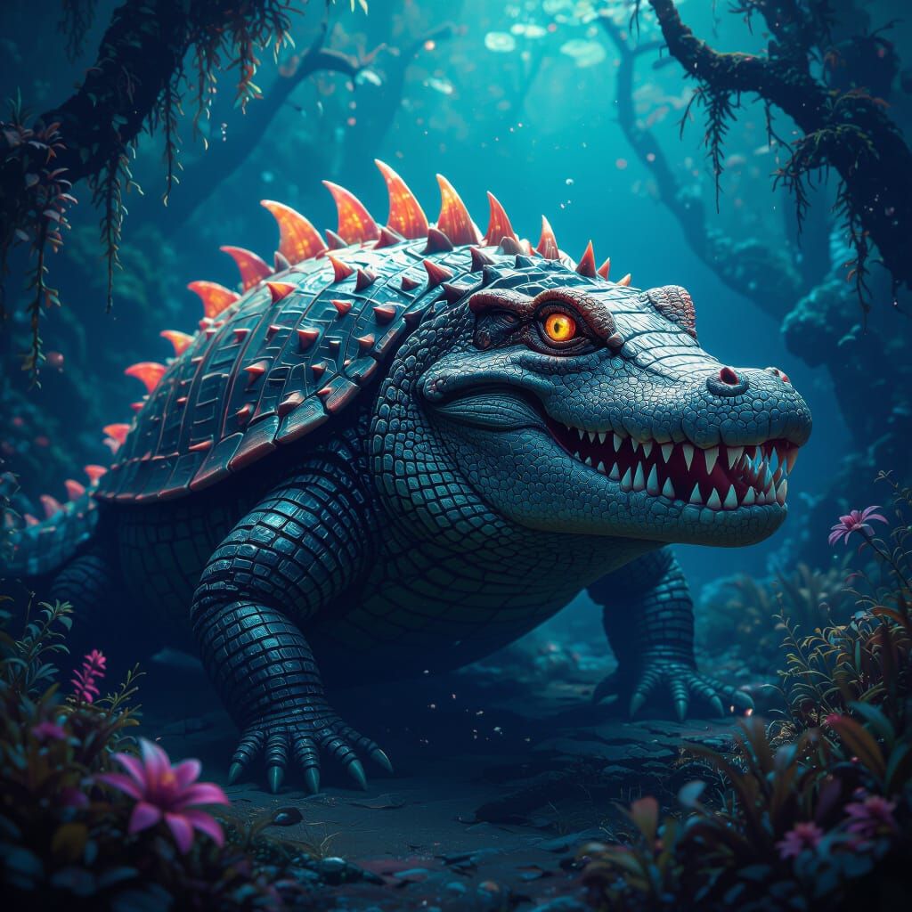 Alligator Armadillo Anglerfish Hybrid in Mystical Habitat