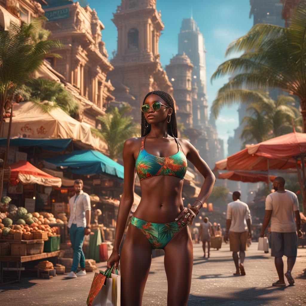 Bikini Model Shopping: Detailed Fantasy Concept Art