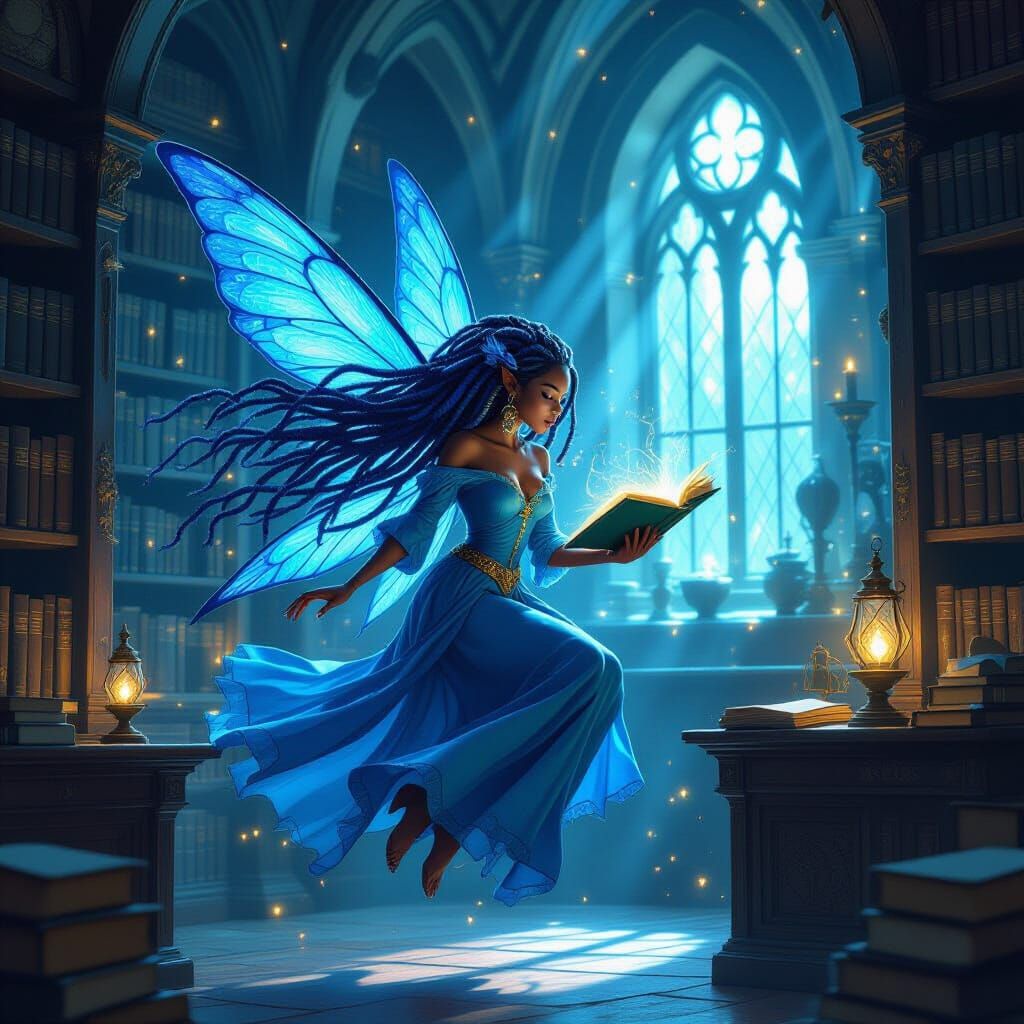 African American Fairy Working in Magical Library