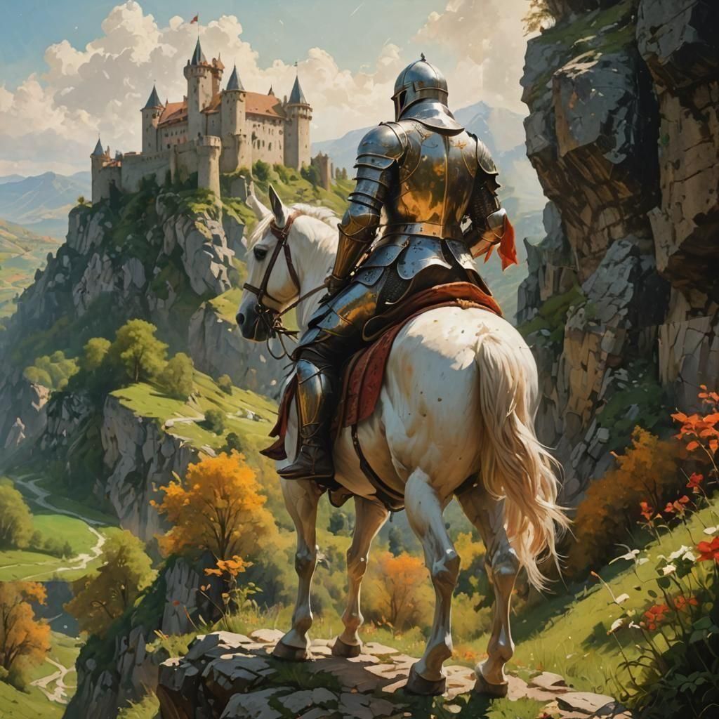 Medieval Knight and Castle Oil Painting