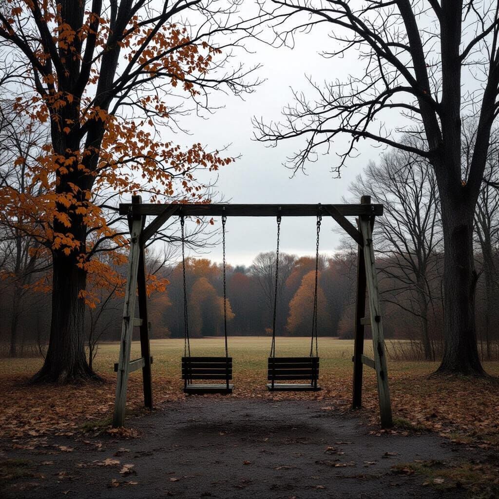 Gloomy Autumn Clearing with Empty Swing Set