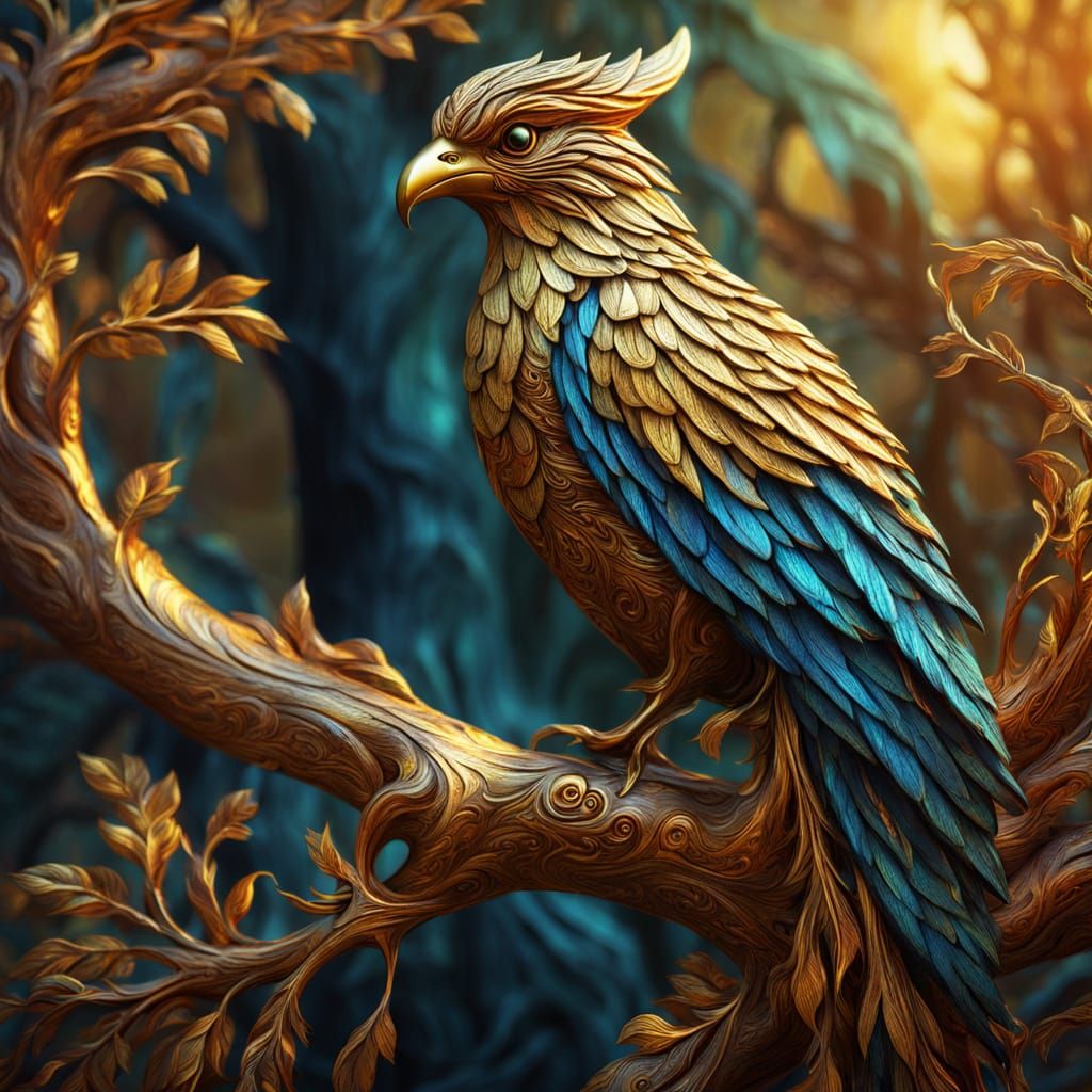 Intricately Carved Wooden Firebird Sculpture