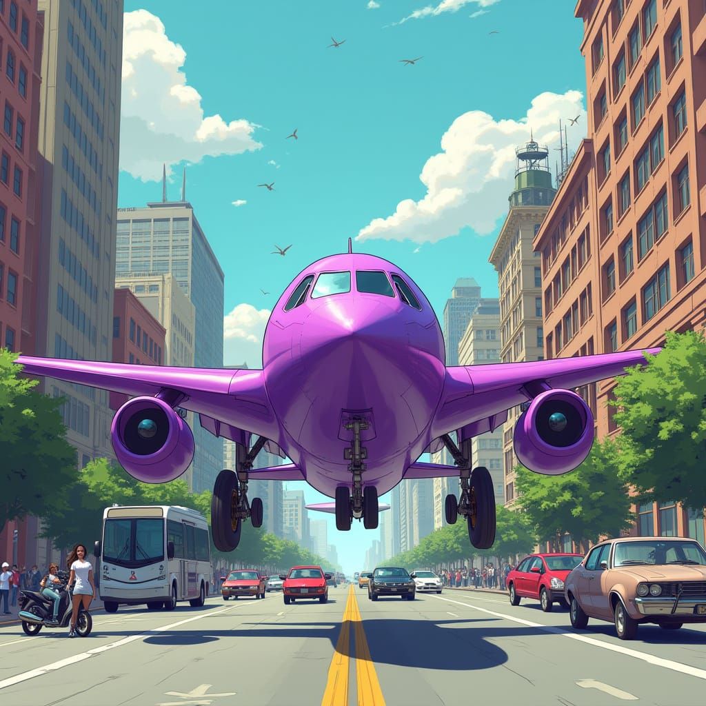 Purple Airplane Drives Through City in Futuristic Style