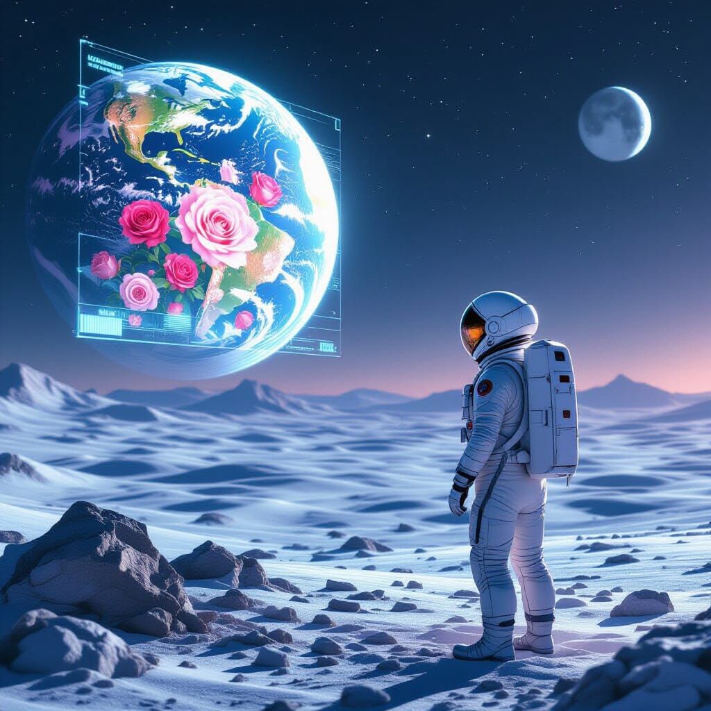 Astronaut's Lunar Longing: Holographic Earth & Roses