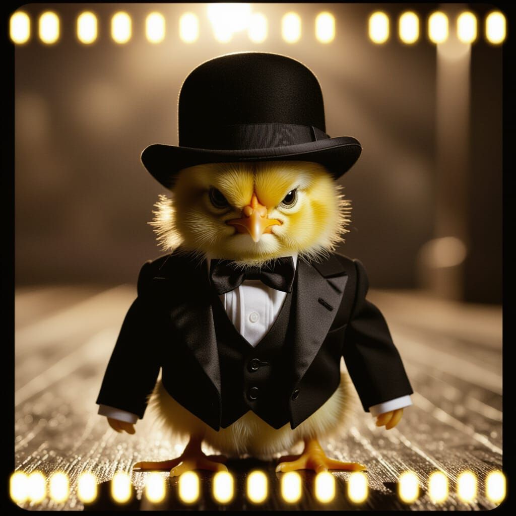 Grumpy Chick in Tuxedo with Cinematic Lighting