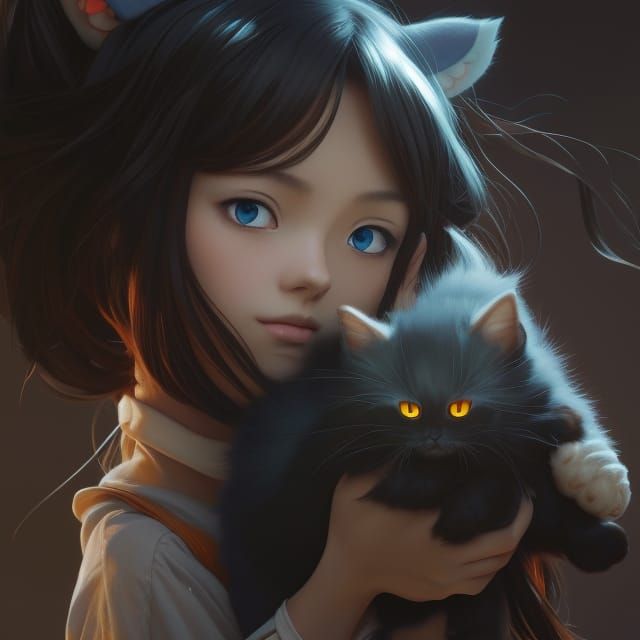 Anime Neko Girl with Cat, Studio Ghibli Style
