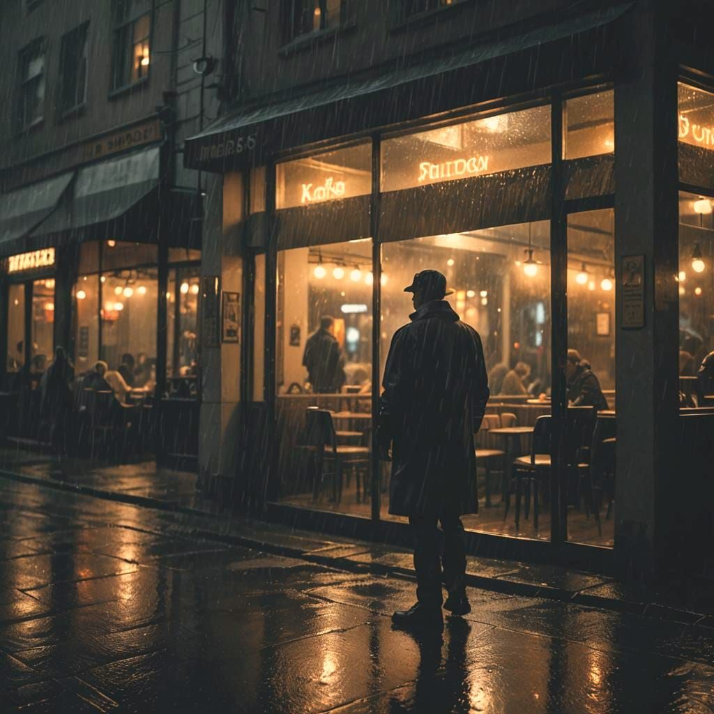 Moody Noir: Figure in Rainy Restaurant Window