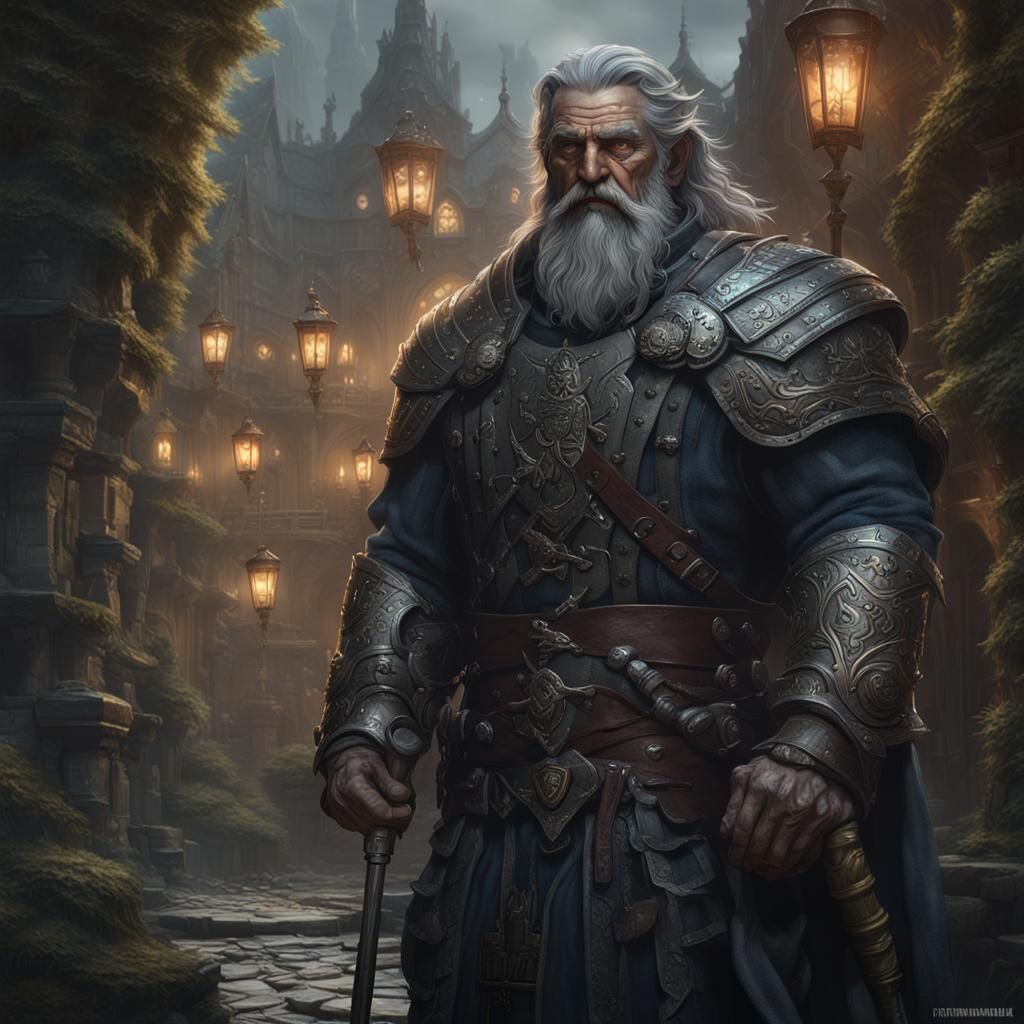 Muscular Grey-Haired Warrior in Dark Fantasy Style