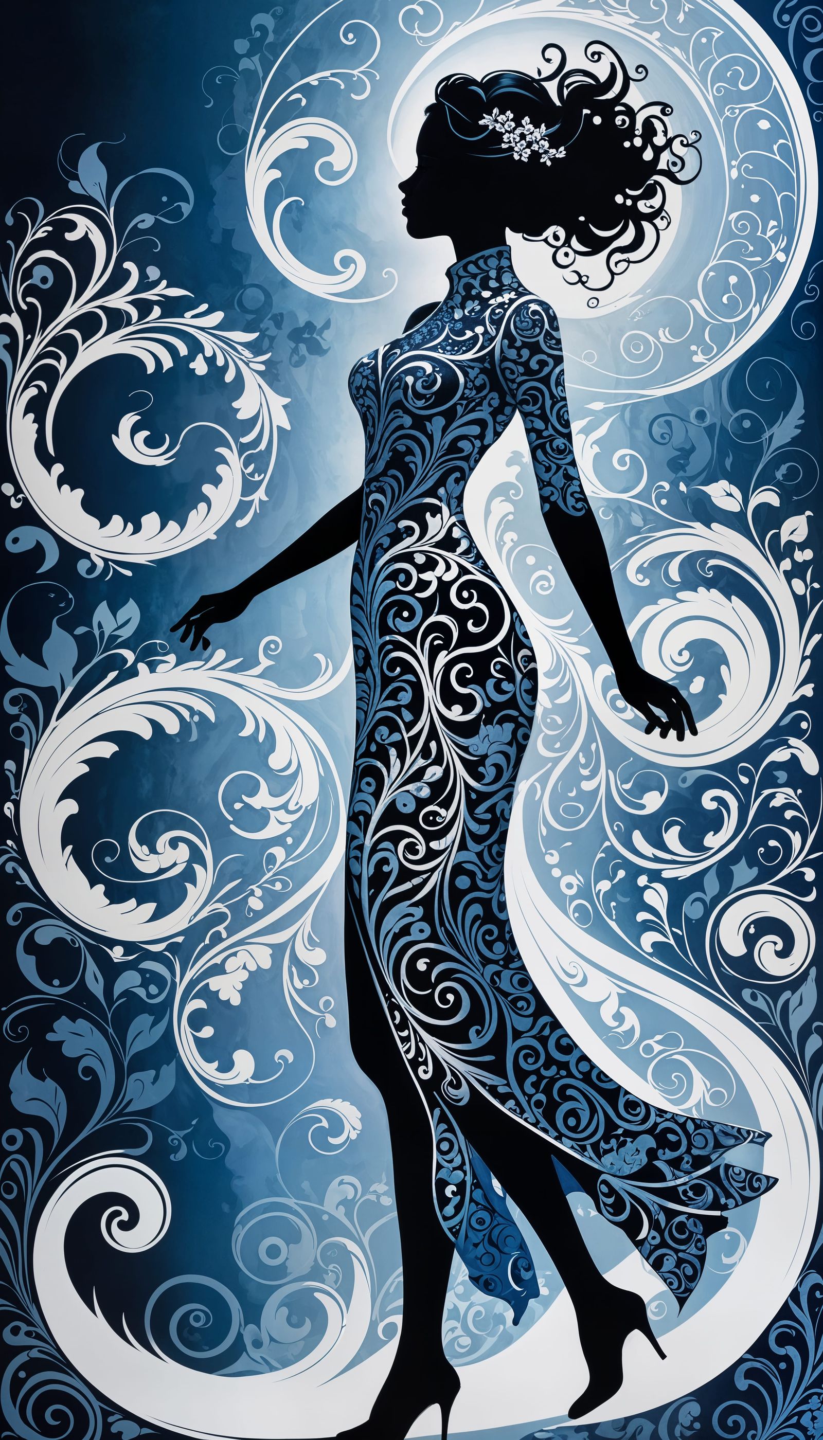 Dynamic Silhouette Art with Blue Swirls
