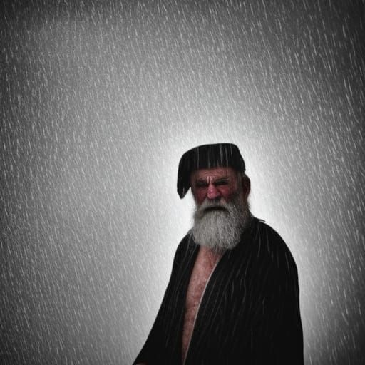 Grizzled Man Shakes Fist at Stormy Sky