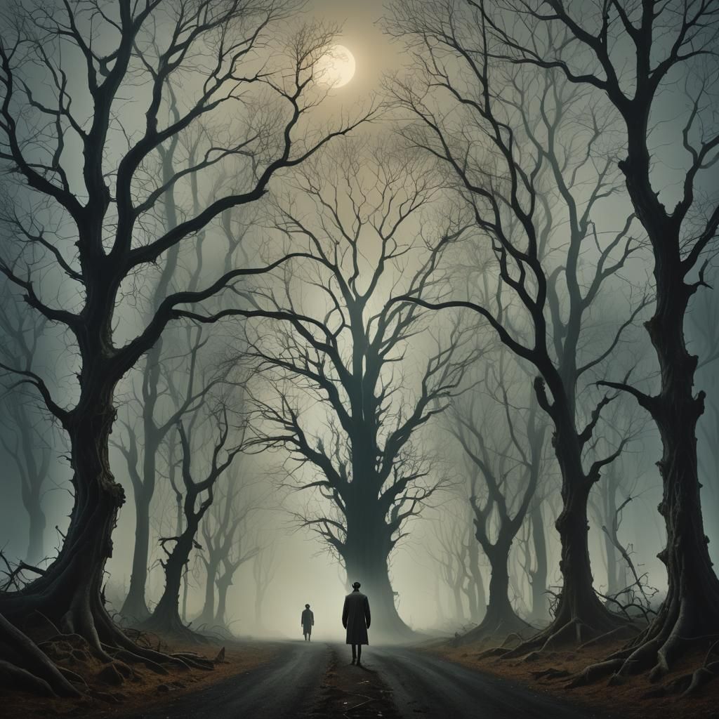 Surreal Crossroads in Misty Forest: A Dreamlike Landscape