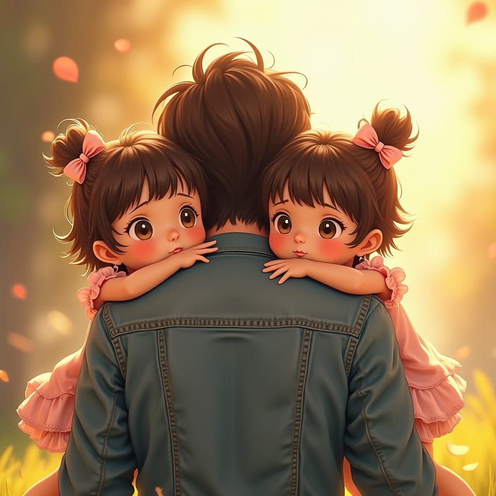 Vibrant Baby Girls Snuggle Their Father on His Shoulders