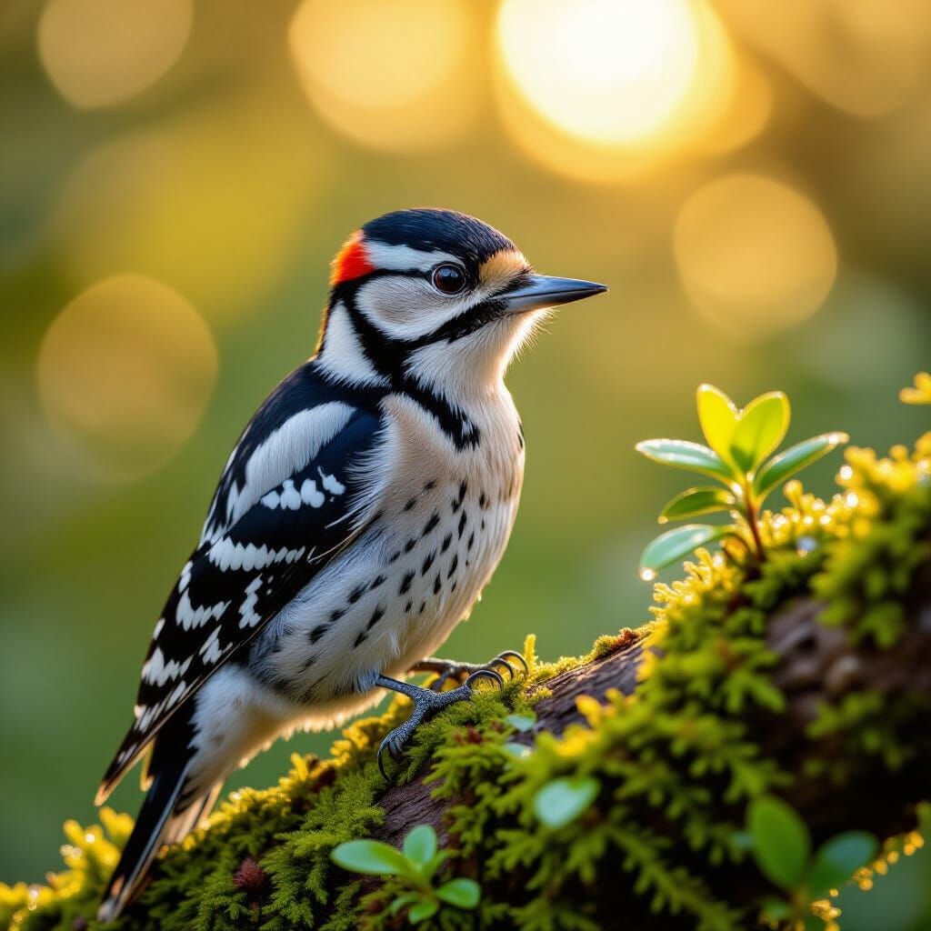 Macro Photo: Woodpecker on Mossy Branch with Dew Drops