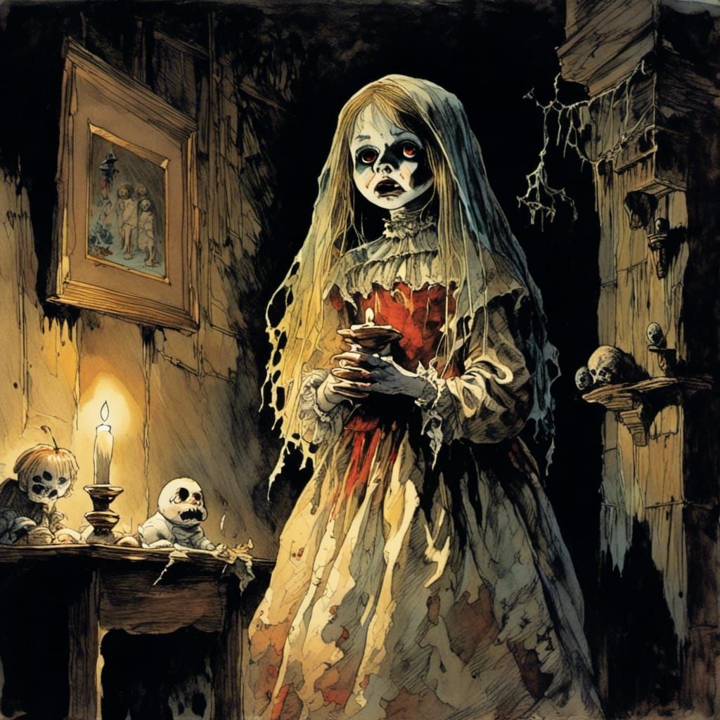 <lora:VersoComicAfterDark:1.0> a ghost doll spits in the bas...