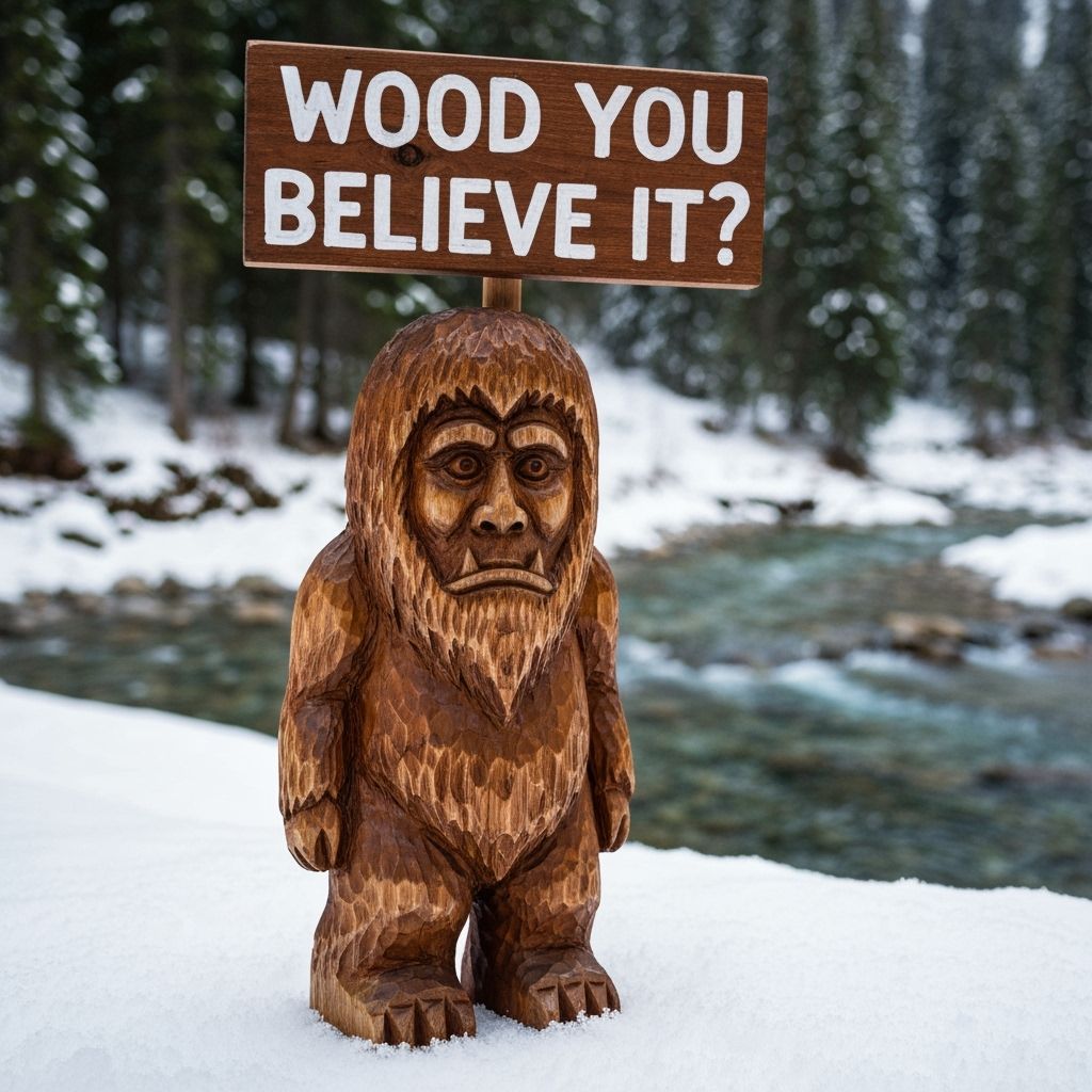 Whimsical Wooden Yeti Sculpture in Winter Scene