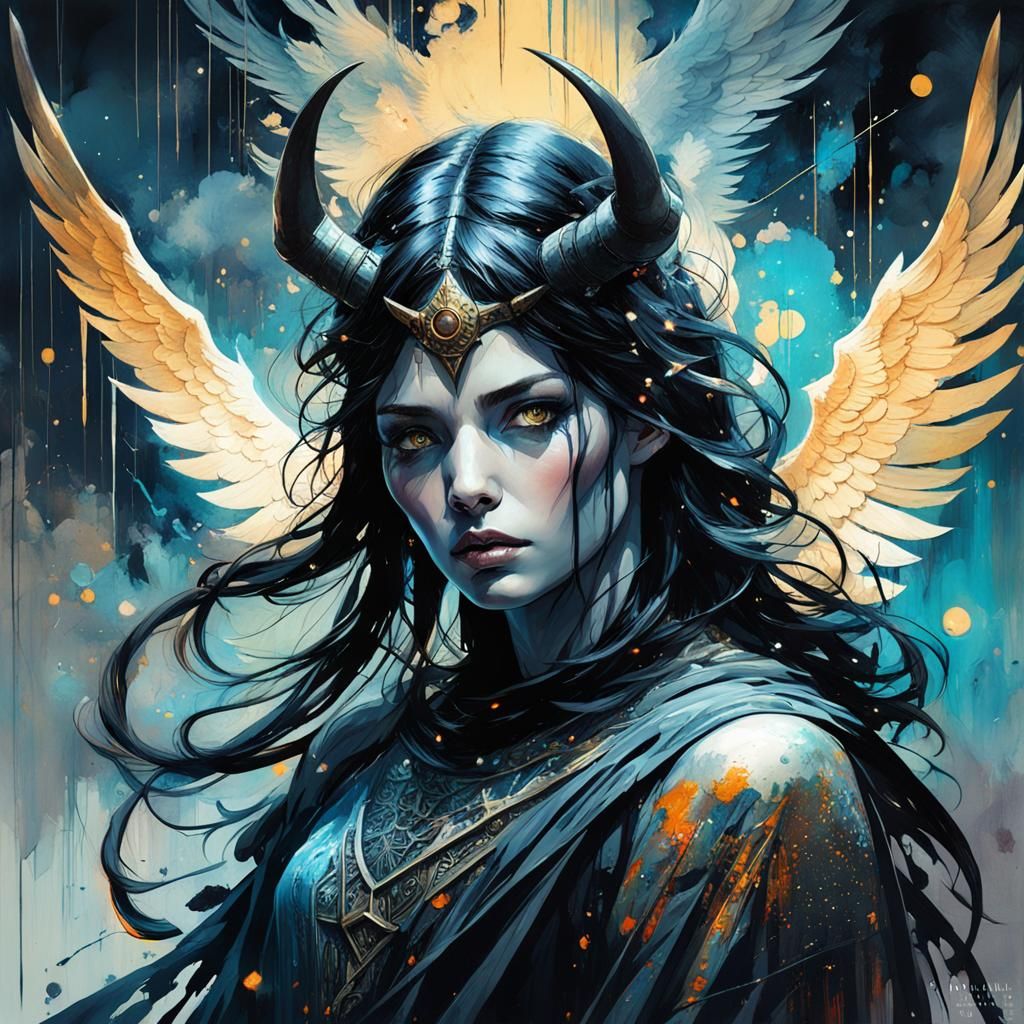 (black dark devil angel:1.4) angel shadow figure in love with a dark haired girl with serene colored eyes reimagined as ...