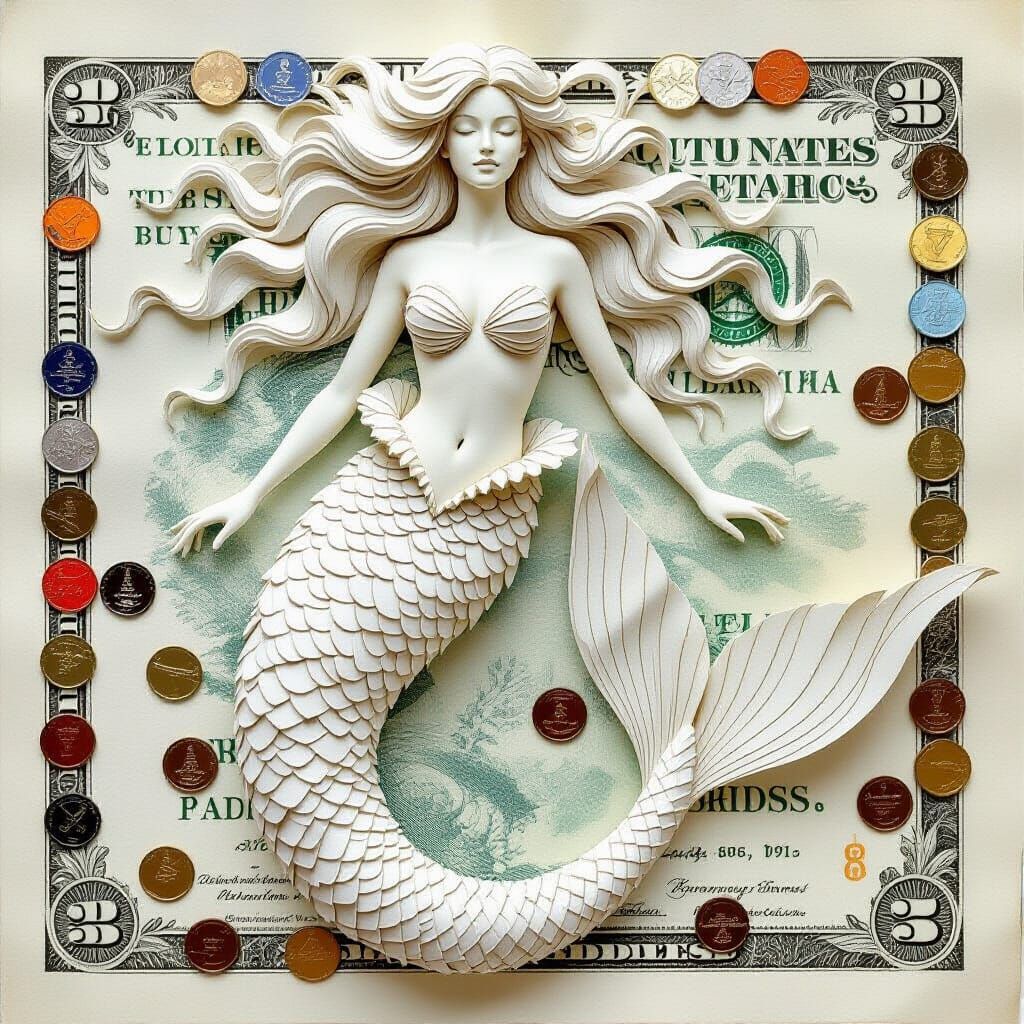 Graceful Mermaid Sculpture Crafted from Bills and Coins