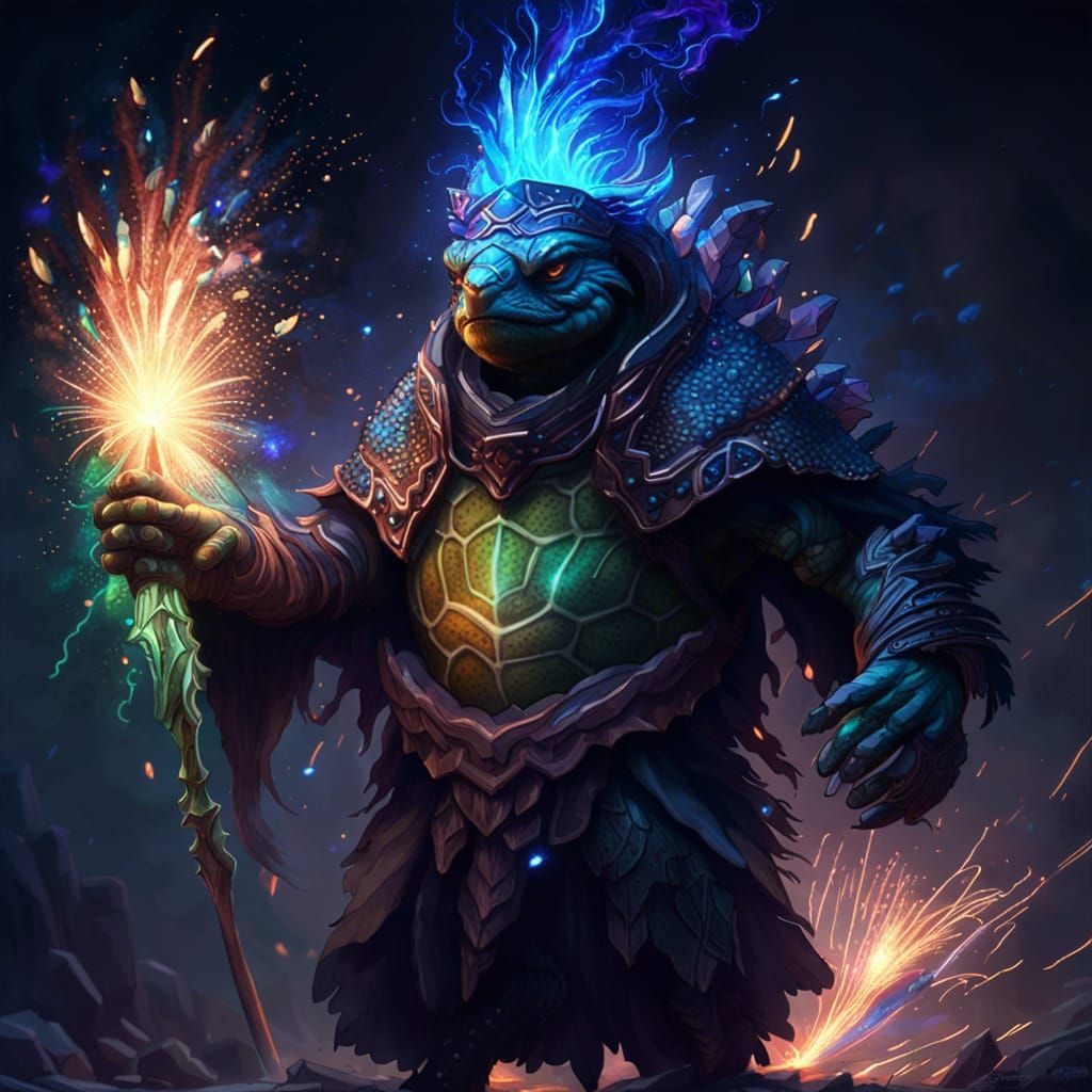 Turtle Druid Casts Elemental Fireworks in Dark Fantasy Style