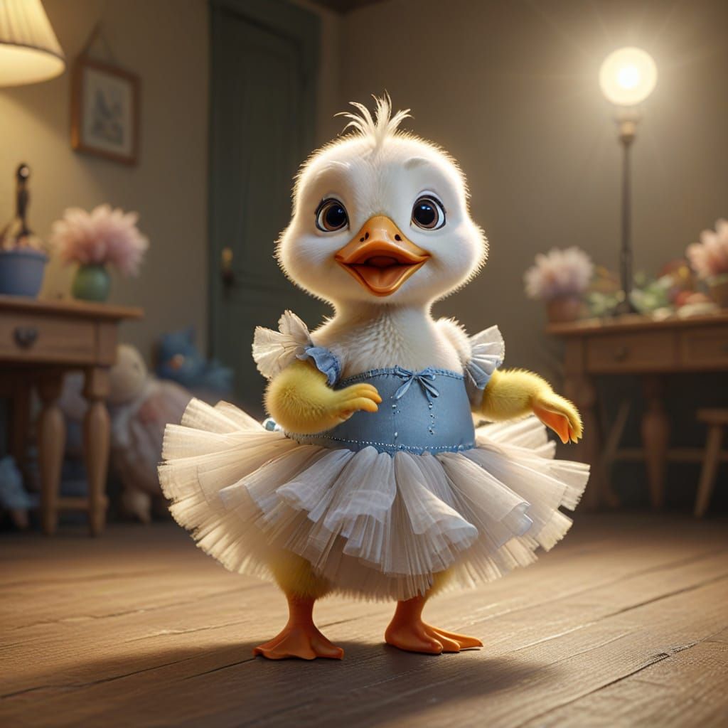 Adorable Duckling in Tutu Dancing Ballet, Pixar Style