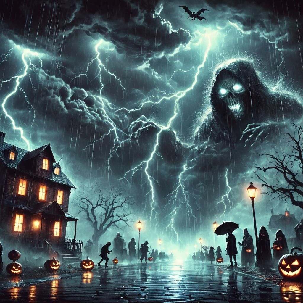 On a stormy Halloween night, lightning cracks across a dark,...