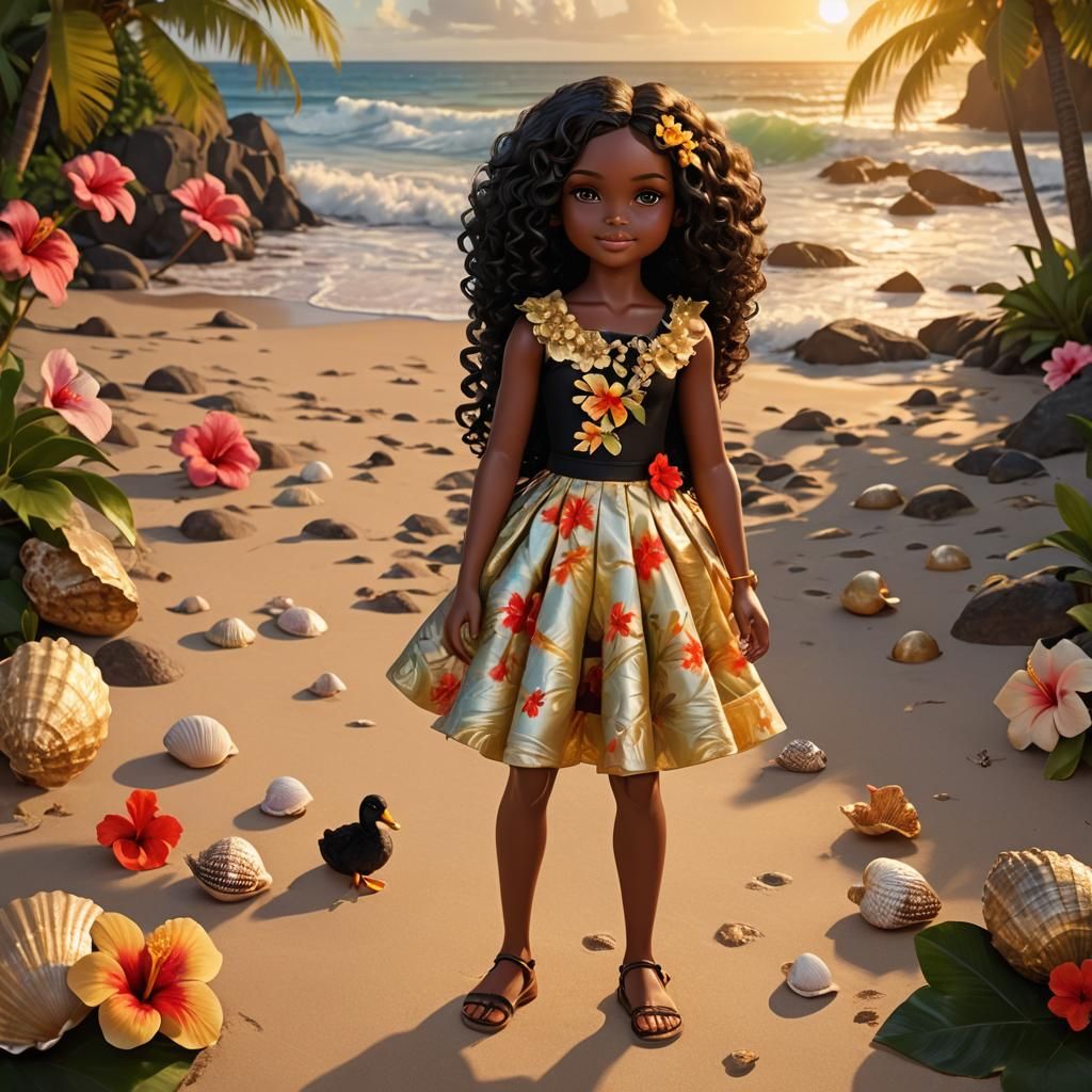 Black Blythe Doll on Hawaiian Beach, Fantasy Art