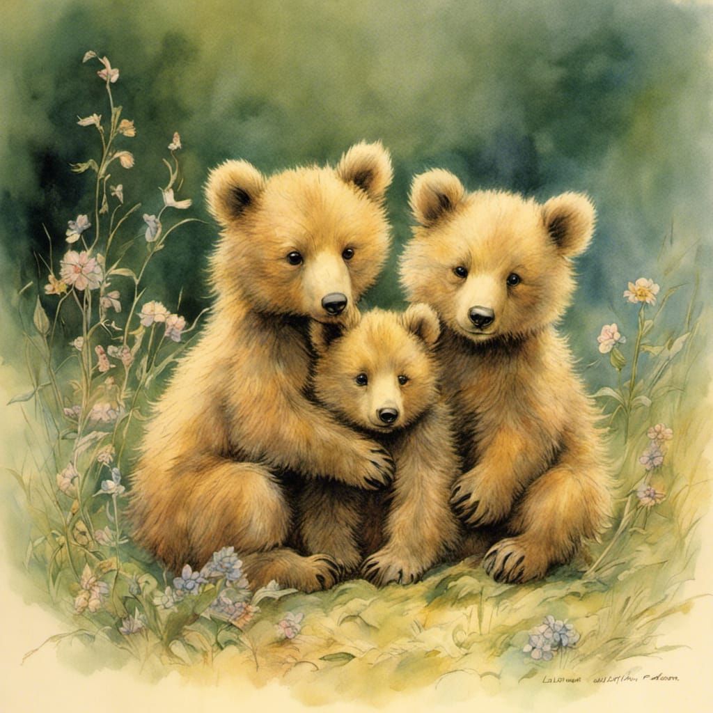 Cute Bear Cubs in Golden Age Illustration Style