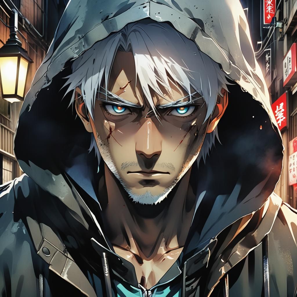 Anime Hooded Man with Scar in Neon Alleyway