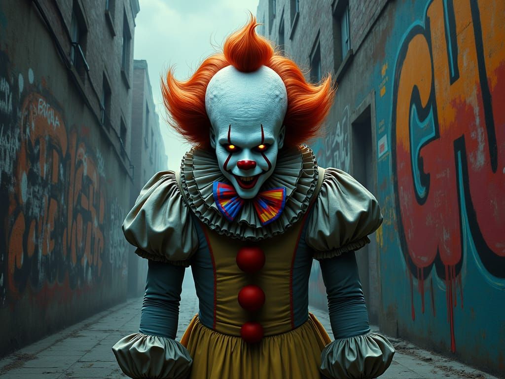Menacing Pennywise in Graffiti Alleyway, a Dark, Gothic Horr...