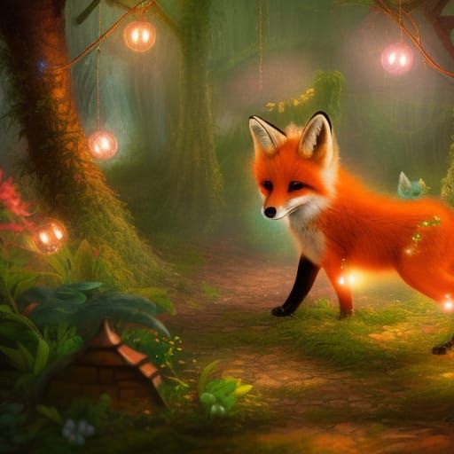 Baby Fox in Magical Fairy Light Garden