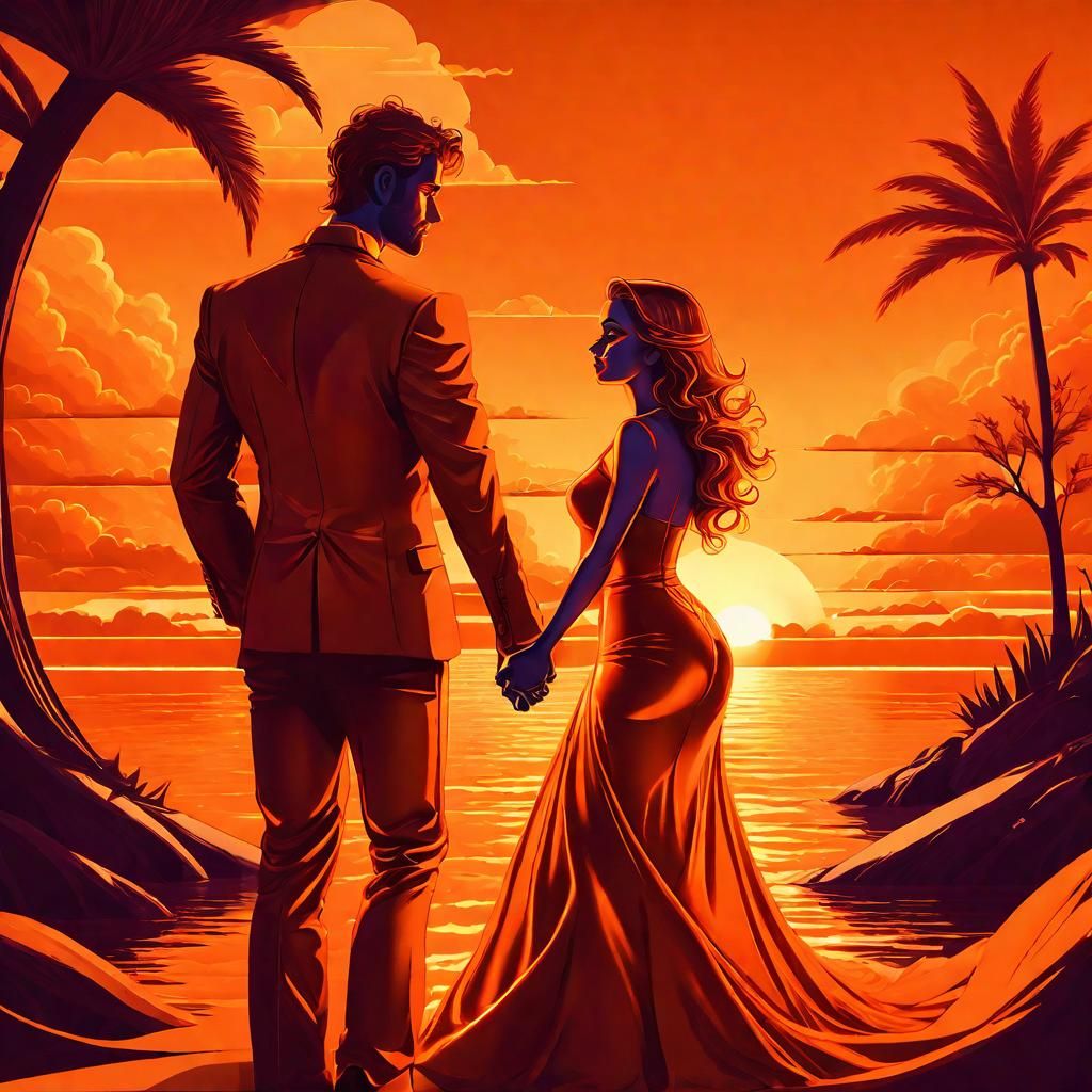 Monochrome Orange Sunset Romance: Surreal Digital Art