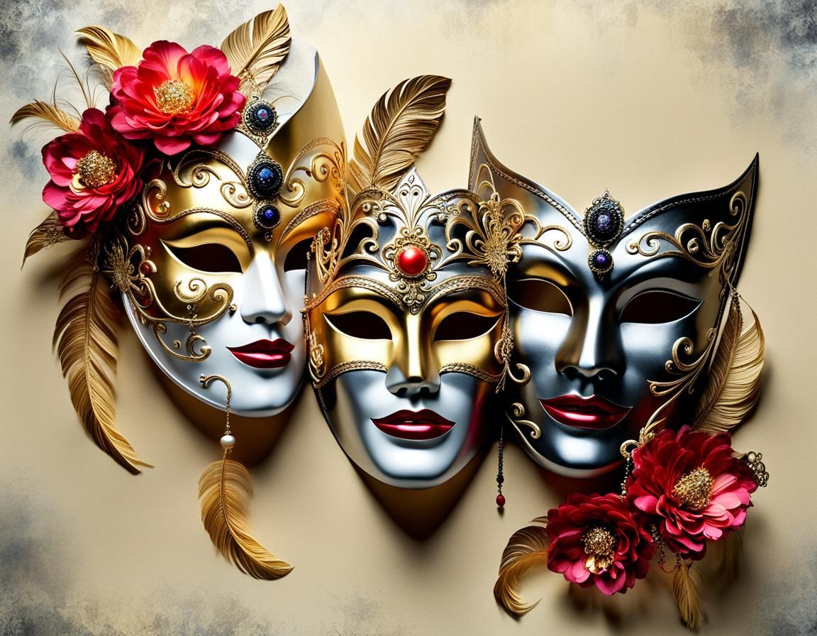 Ornate Theatre Masks in Digital Art Display