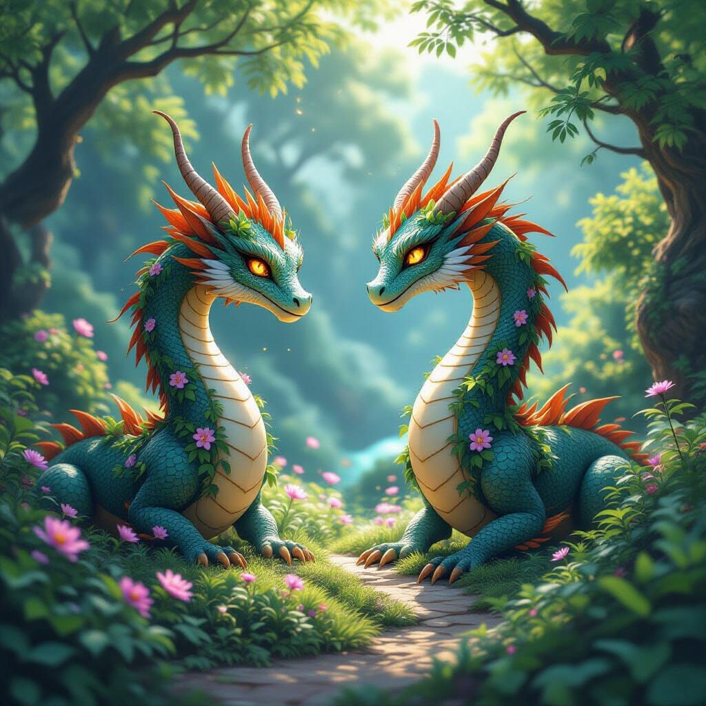 Dragons Tend Luminous Garden in Anime Style