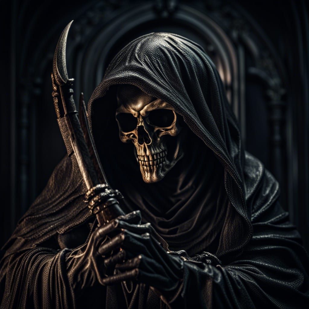Hyperrealistic Grim Reaper in Atmospheric Lighting