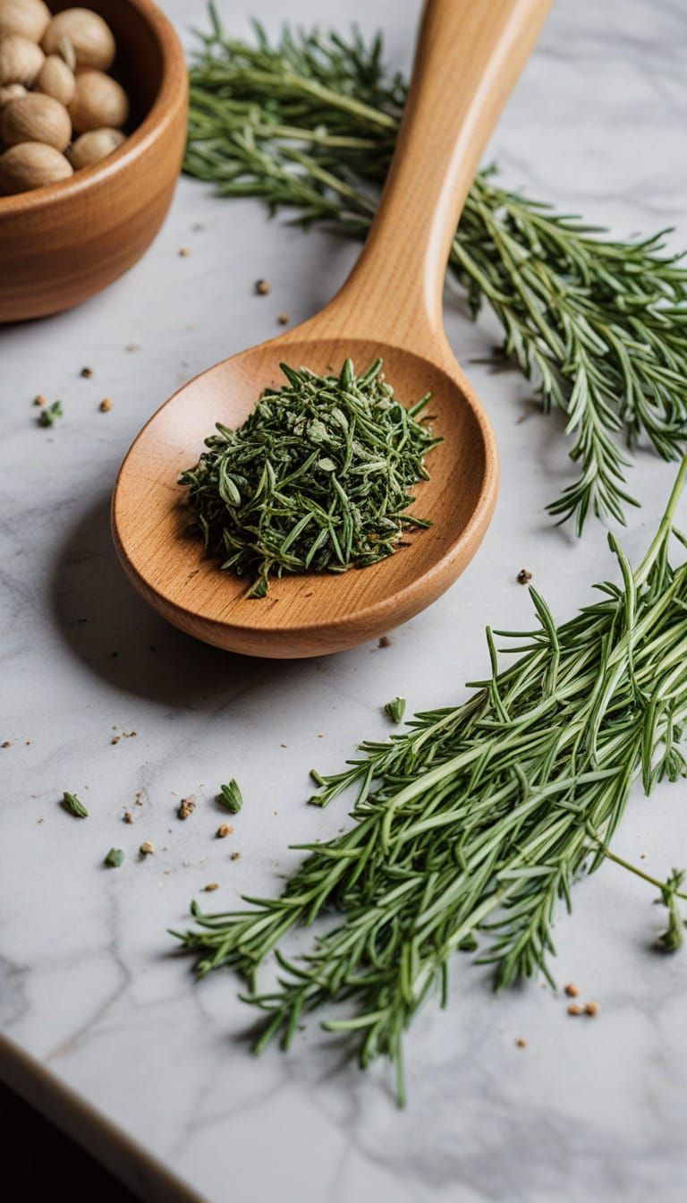 Wooden Spoon and Herbs Still Life on Marble Counter