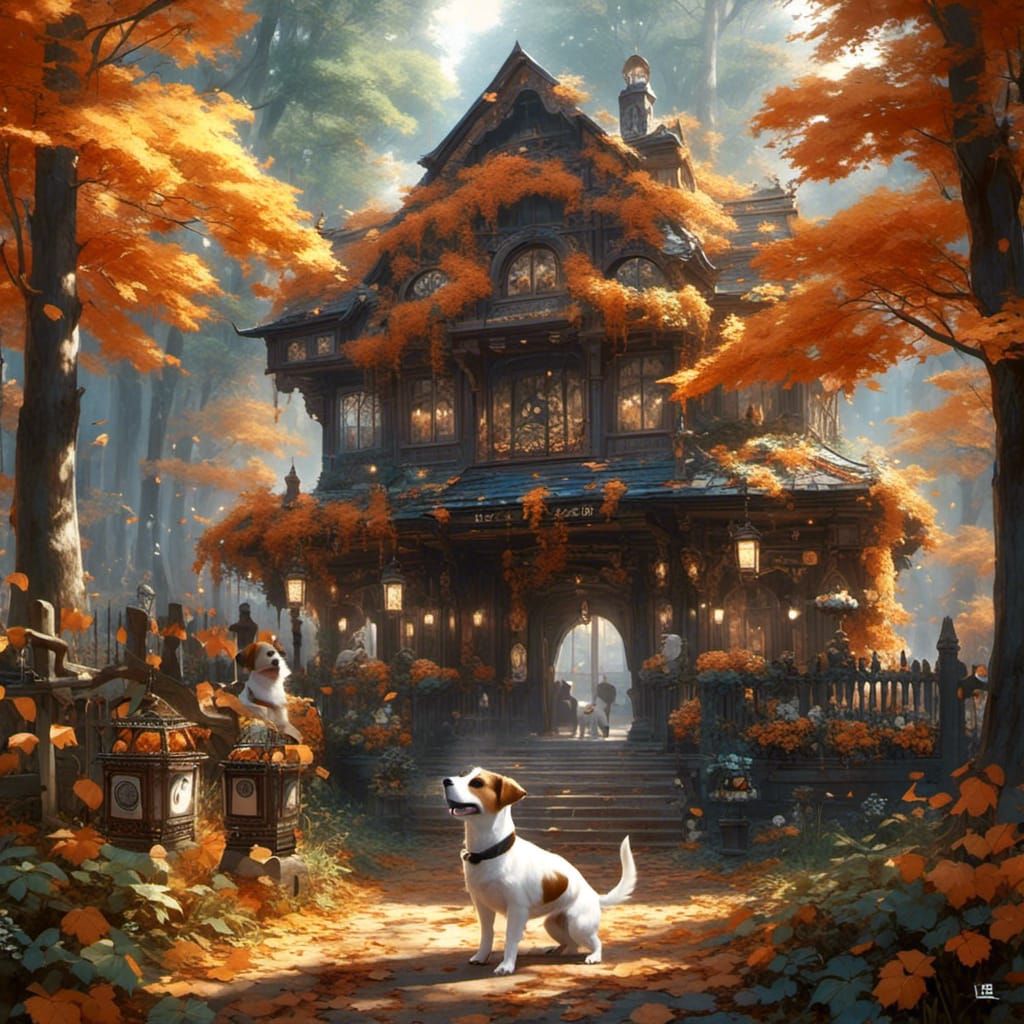 Low Poly Art Cube with Ghosts and Autumn Decor