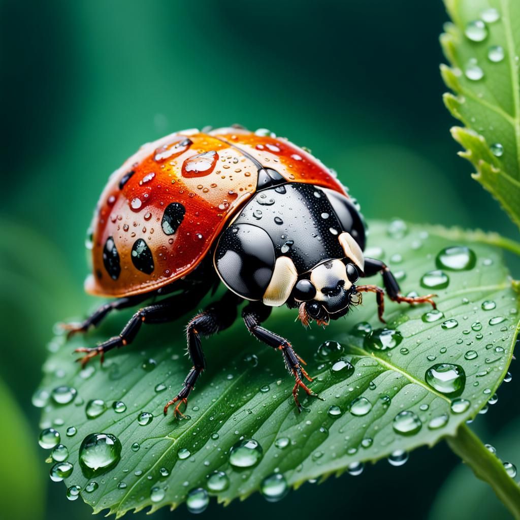 Ladybug on Leaf with Water Drops in Splash Art