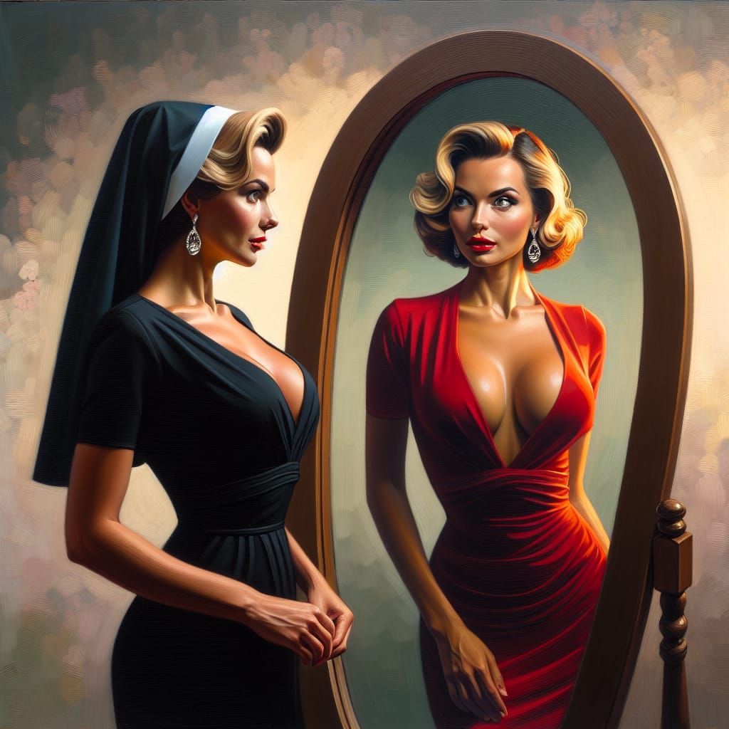 Nun's Reflection: Modern Transformation in Oil Painting