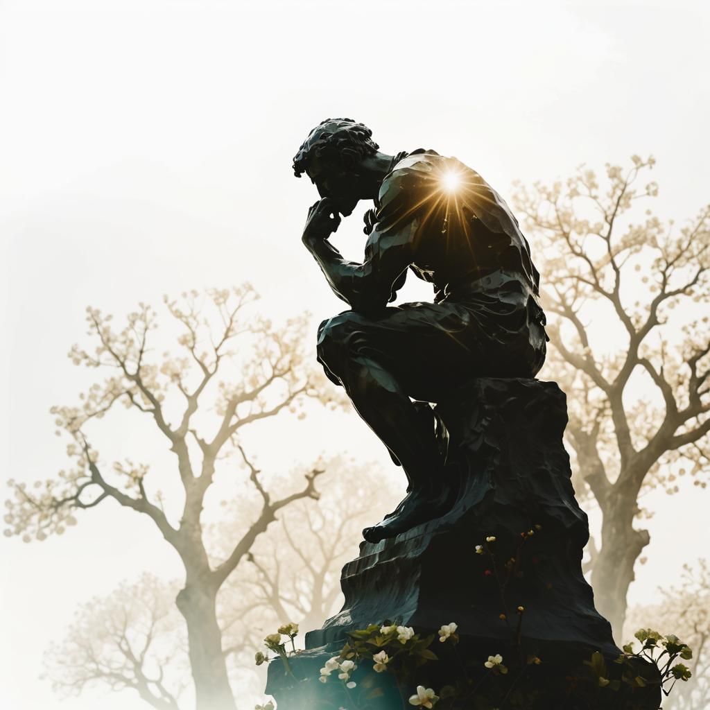 Thinker Silhouette with Apple Orchard in Double Exposure