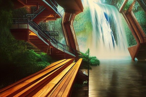 Sci-Fi Waterfall with Steampunk Engine in Mead Style