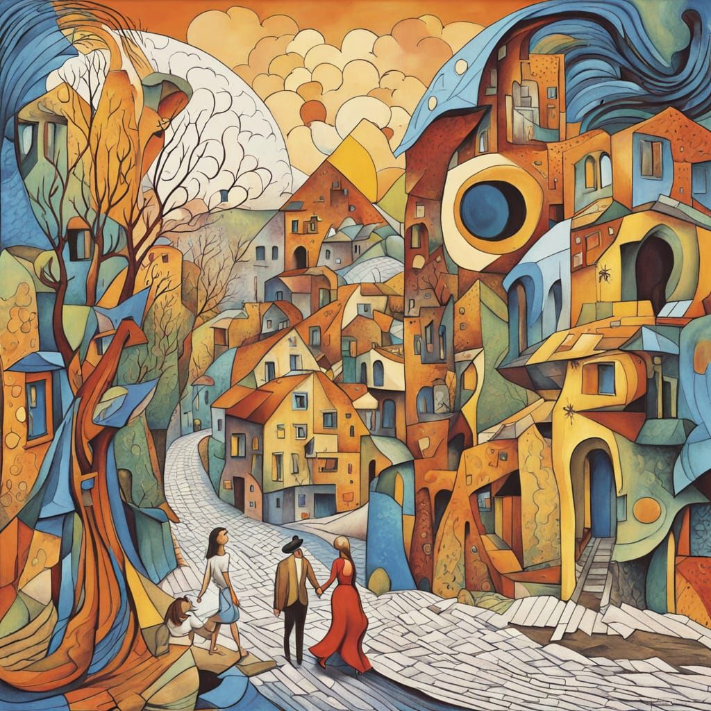 Surreal Landscape with Dancing Couple in Melting Colors