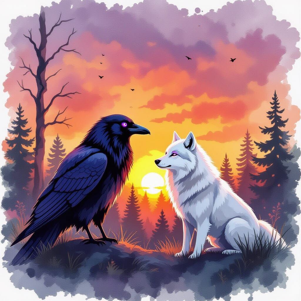 Raven and Wolf Watch Sunset in Watercolor Ink Splatter Style
