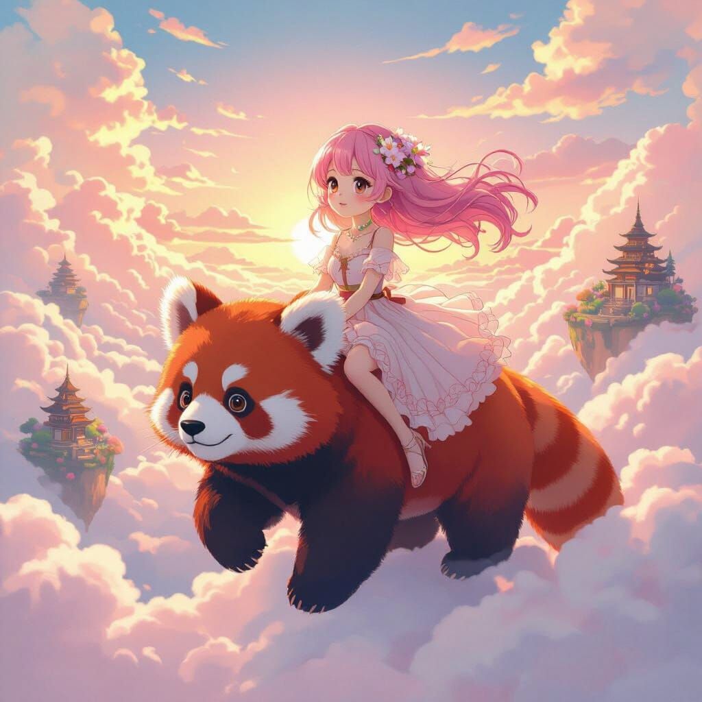 Anime Girl on Red Panda Soaring Through Pastel Sky