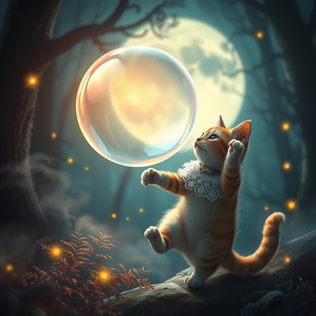Whimsical Cat Pops Iridescent Bubble in Moonlit Forest