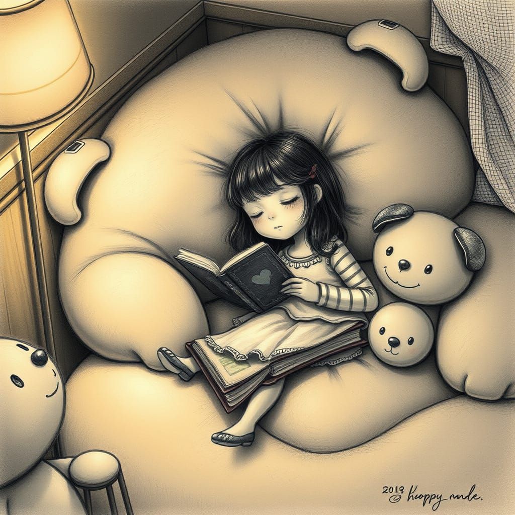 Girl Reading on Stuffed Animal Sofa